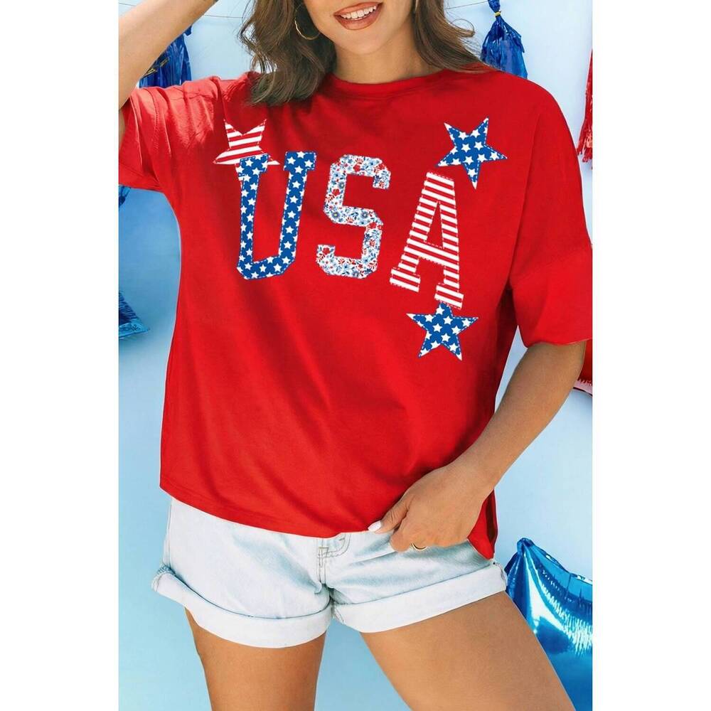 NEW SHEWIN usa star oversized top in red multi